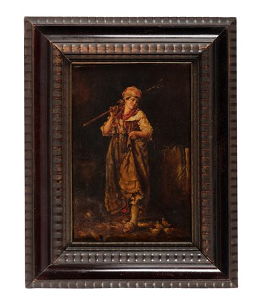 Giacomo Favretto, La contadina. Olio su tela. cm 29,5x19. Firma in basso a...