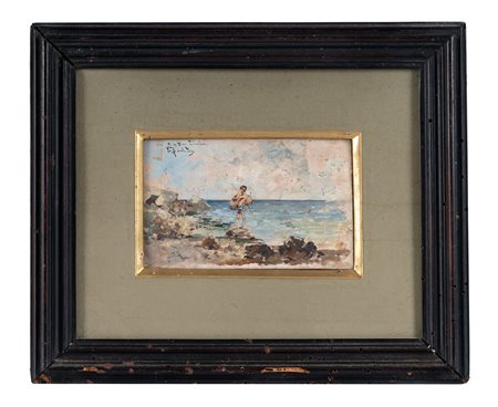 Salvador Sanchez Barbudo, Scugnizzo sugli scogli. Olio su tavoletta. cm...