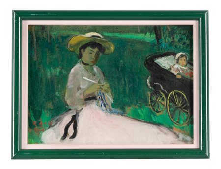 Françoise Gall, Mère cousant au parc. Olio su cartone. cm 15x21 (visibili)....