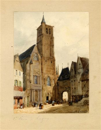 Hippolyte Garneray, Lotto composto di 2 piccole vedute francesi. Coppia di...