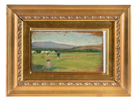 Luigi Gioli, Paesaggio con accompagnamento militare. 1884. Olio su tavoletta....