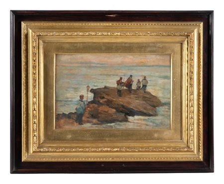 Alphons Hollaender, Cerimonia religiosa sul mare. Olio su tavola. cm 20x30,5....