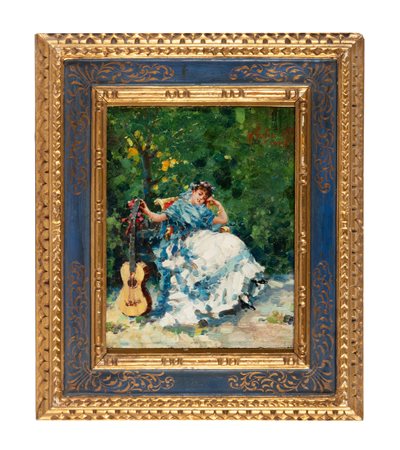 Vincenzo Irolli, Dama con chitarra. 1889. Olio su tavola. cm 25x18,5. Firma e...