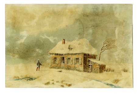 Nicolas Joseph Kellin, Casa innevata con figura. Acquerello su carta greve....