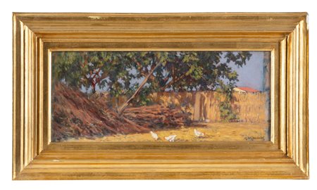 Giorgio Kienerk, Angolo di aia con fascine - Fauglia. Olio su cartone. cm...