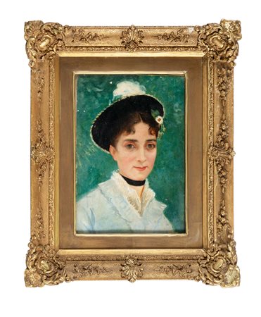 Silvestro Lega, Ritratto di dama in celeste. Olio su cara greve. cm 34x23....