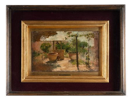 Silvestro Lega [attribuito a], Cortile/Natura morta. Olio su tavola. cm...