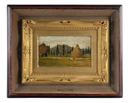 Silvestro Lega, Paesaggio. Olio su tavola. cm 14x24. Firmato in basso a...