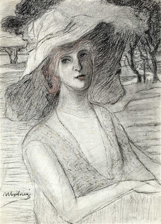 Luigi Levi (detto Ulvi Liegi), Signora con cappello. Carboncino e pastello su...