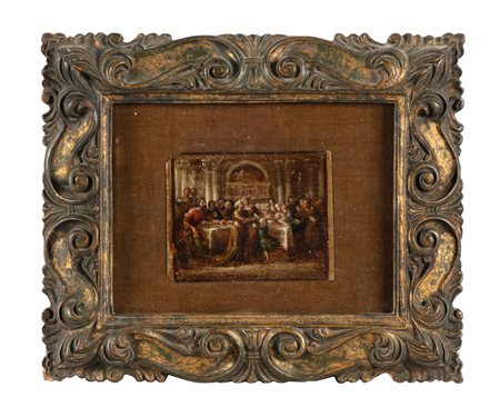 Adeodato Malatesta [attribuito a], Tavolo con figure. Olio su carta spessa....