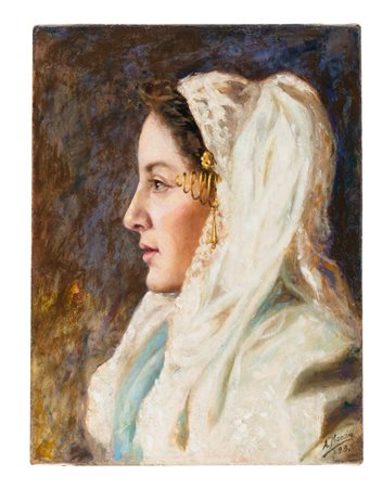 Antonio Mancini, Dama di profilo con spilla dorata. 1898. Olio su tela. cm...