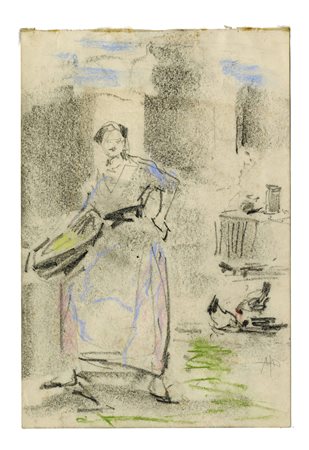 Pompeo Mariani, Contadina. Matita, carboncino e pastello su carta. mm...