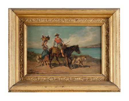 Giovanni Milone, Coppia di paesani con animali. Olio su tavola. cm 25x39....