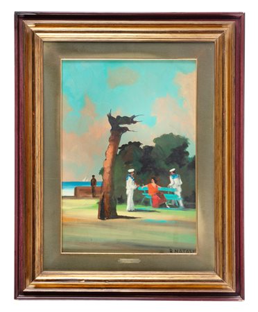 Renato Natali [attribuito a], Figure sulla panchina. Olio su tavola. cm...