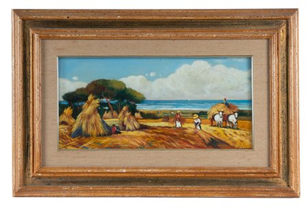 Renato Natali, Mietitura. 1948. Olio su tavola. cm 24,5x52,5. Firma in basso...