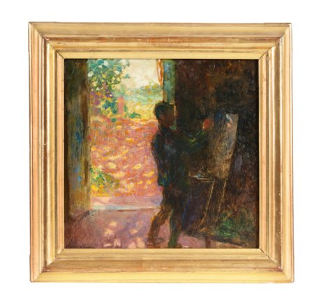 Plinio Nomellini, Vittorio Nomellini che dipinge. Olio su cartone. cm...