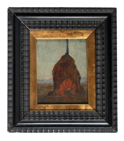 Mario Puccini, Carro con pagliaio. Olio su tavoletta. cm 23,1x18. Firmato in...