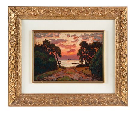 Gino Romiti, Tramonto sul mare Olio su tavola. cm 30x41,5. Firmato in basso a...