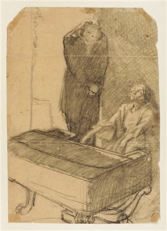 Marcel Roux, Il pianoforte. Carboncino su carta lucida. mm 498x330. Firmato a...