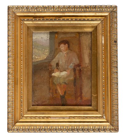 Telemaco Signorini, Bambino in lettura alla finestra. Olio su tela applicata...