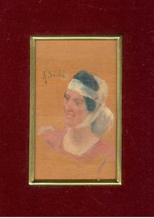 Raffaello Sorbi, Microritratto di paesana. Olio su tavoletta. cm 6,1x3,8....