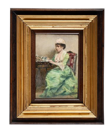 Gioacchino Toma [attribuito a], L'ora del tè. Olio su tavoletta. cm 27,5x18....