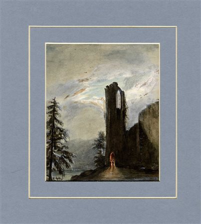 Jules Vernet, Rovina antica. Acquerello su carta. mm 137x115. Firma in basso...