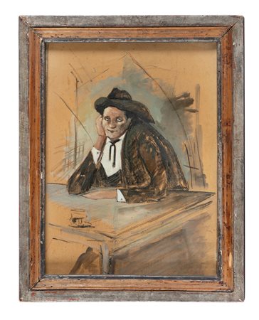 Lorenzo Viani [attribuito a], Uomo all'osteria. Tecnica mista su cartoncino....