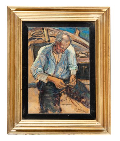 Giuseppe Viviani, Il pescatore. Carboncino e olio su tavola. cm 30,5x22....