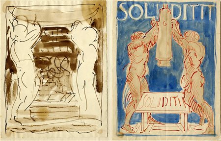 Adolfo De Carolis, Lotto composto di 2 bozzetti preparatori. Coppia di penne...