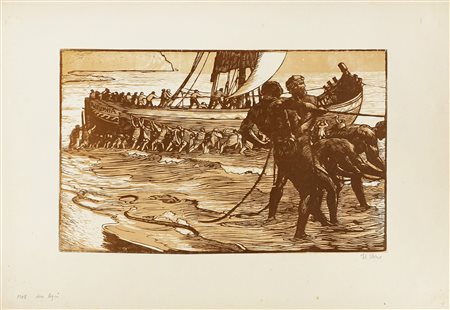 Adolfo De Carolis, Lotto composto di 2 incisioni. 1908. 1) La foce. 1908....