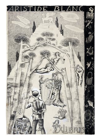 Michel Fingesten, Disegno preparatorio per l'ex libris Aristide Blanc. 1939....