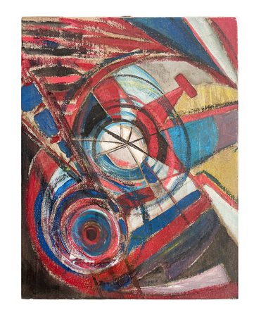 Anonimo futurista, In volo. Tecnica mista su tela. cm 26x33,5. Al verso, sul...