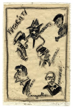 Francesco Cangiullo, Futuristi. Acquerello e carboncino su carta greve crema....