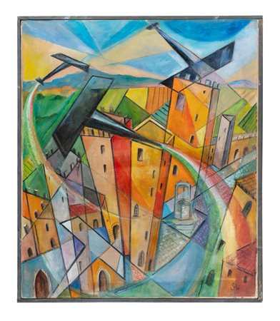 Sibò [Pseud. per Pierluigi Bossi], Spirali tricolori sul medioevo. 1936. Olio...