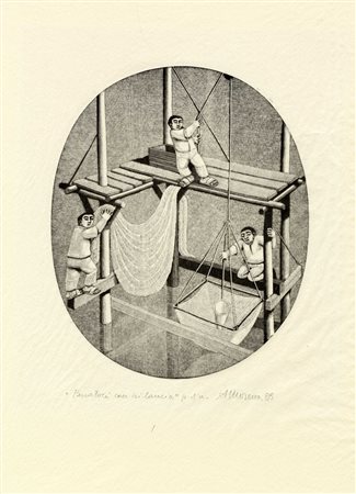 Alberico Morena, Pescatori con bilancia. 1988. Xilografia su velina. mm...