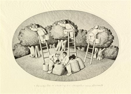 Alberico Morena, Raccoglitori di olive. 1988. Xilografia su velina. mm...