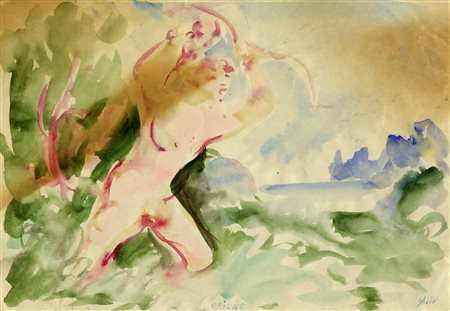 Aligi Sassu [da], Lotto composto di 2 disegni. 1) Orione. Acquerello. mm...