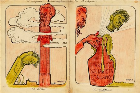 Nasica (Augusto Majani) - Il congresso socialconfusionista di Bologna: Le due torri - La sturatitura, early 1900s