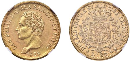 CARLO FELICE (1821-1831) - 20 lire 1828, L in losanga, Torino.