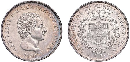 CARLO FELICE (1821-1831) - 5 lire 1830, Torino.
