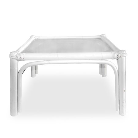 Tavolino basso con piano in vetro in rattan smaltato bianco