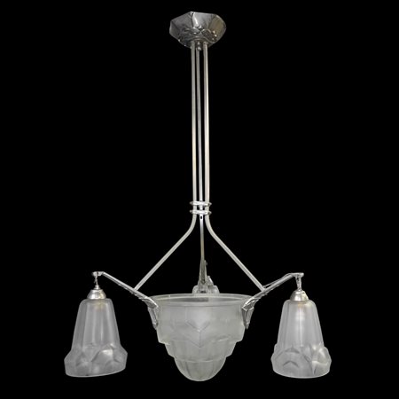 David  Gueron Degue & A. Petitot - Lampadario a sospensione Art Decò francese, in vetro sabbiato con geometrie, 1930s