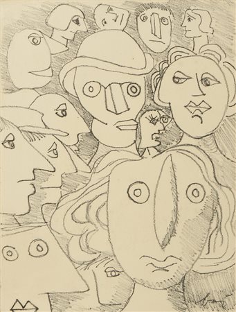 BAJ ENRICO (1924 - 2003) - GRUPPO DI TESTE (STUDIO PER ACQUAFORTE).