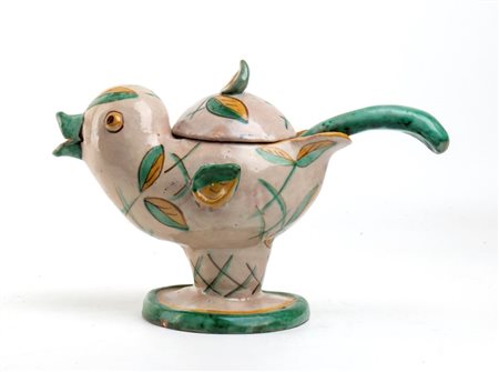 BARBARA MARGARETHE THEWALT-HANNASCH
(1901 - 1962)
<br>Salsiera a forma di uccellino con piede salvagocce