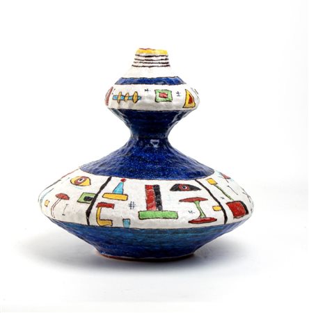 ANDREA D'ARIENZO
(Vietri 1911 - 1995)
<br>Vaso blu e bianco con decorazioni