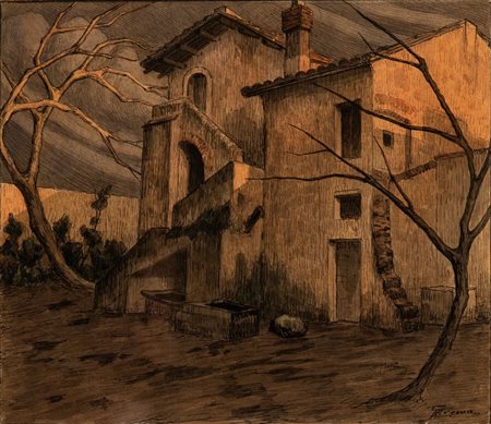 GIOVANNI BATTISTA CREMA
(Ferrara 1883 - Roma 1964)
<br>Casolare al tramonto