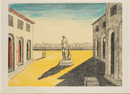 Giorgio de Chirico (Volos 1888 - Roma 1978)  - Piazza d'Italia con efebo, 1972