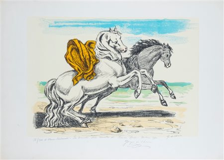 Giorgio de Chirico (Volos 1888 - Roma 1978)  - Cavalli sulla spiaggia, 1970