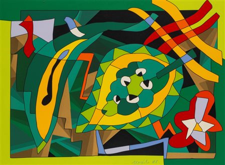 Ugo Nespolo (Mosso 1941)  - Composizione con foglia e fiore